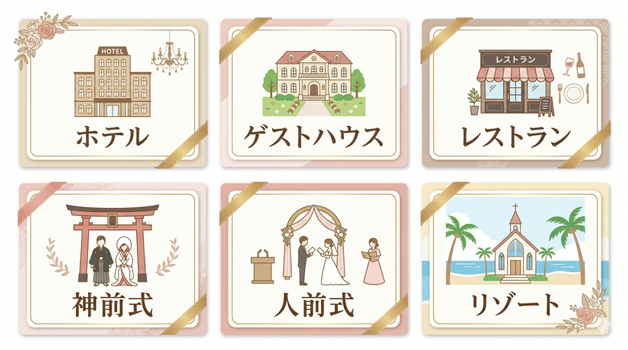 結婚式スタイルの種類。ホテル、ゲストハウス、レストラン、神前式、人前式、リゾート挙式を図解
