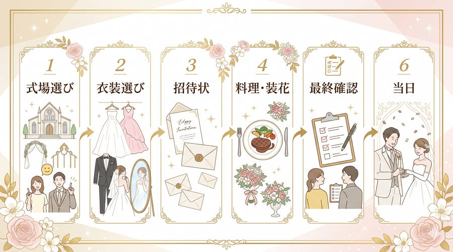 結婚式準備の流れ。式場選び、衣装選び、招待状、料理・装花、最終確認、当日までを図解