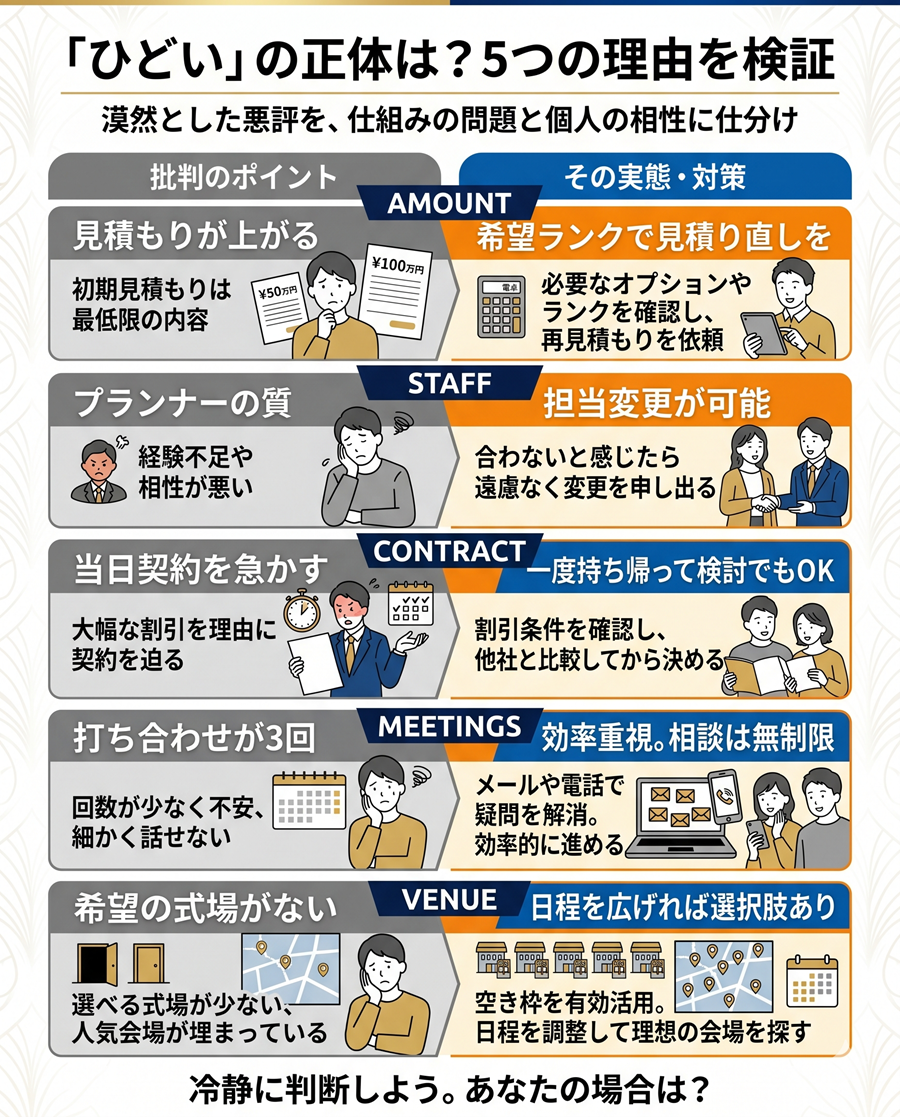 スマ婚がひどいと言われる5つの理由と実態。見積もりの仕組みやプランナー変更、打ち合わせ回数、式場選びの注意点を対比で整理