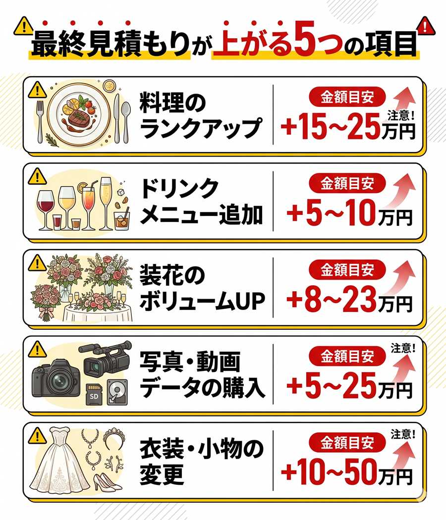 スマ婚で最終見積もりが上がりやすい5項目。料理、ドリンク、装花、写真、衣装の追加費用目安