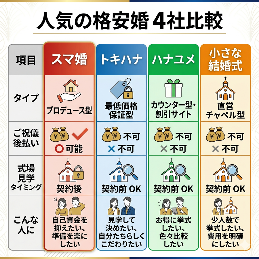 スマ婚とトキハナの比較表。ご祝儀後払いや式場見学のタイミング、おすすめのタイプを整理