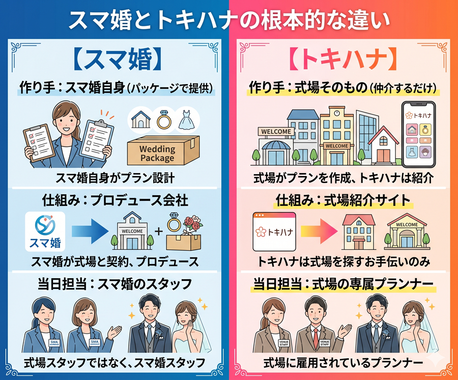 スマ婚とトキハナの根本的な違い。スマ婚はプロデュース会社、トキハナは式場紹介サイトであることを比較した図解