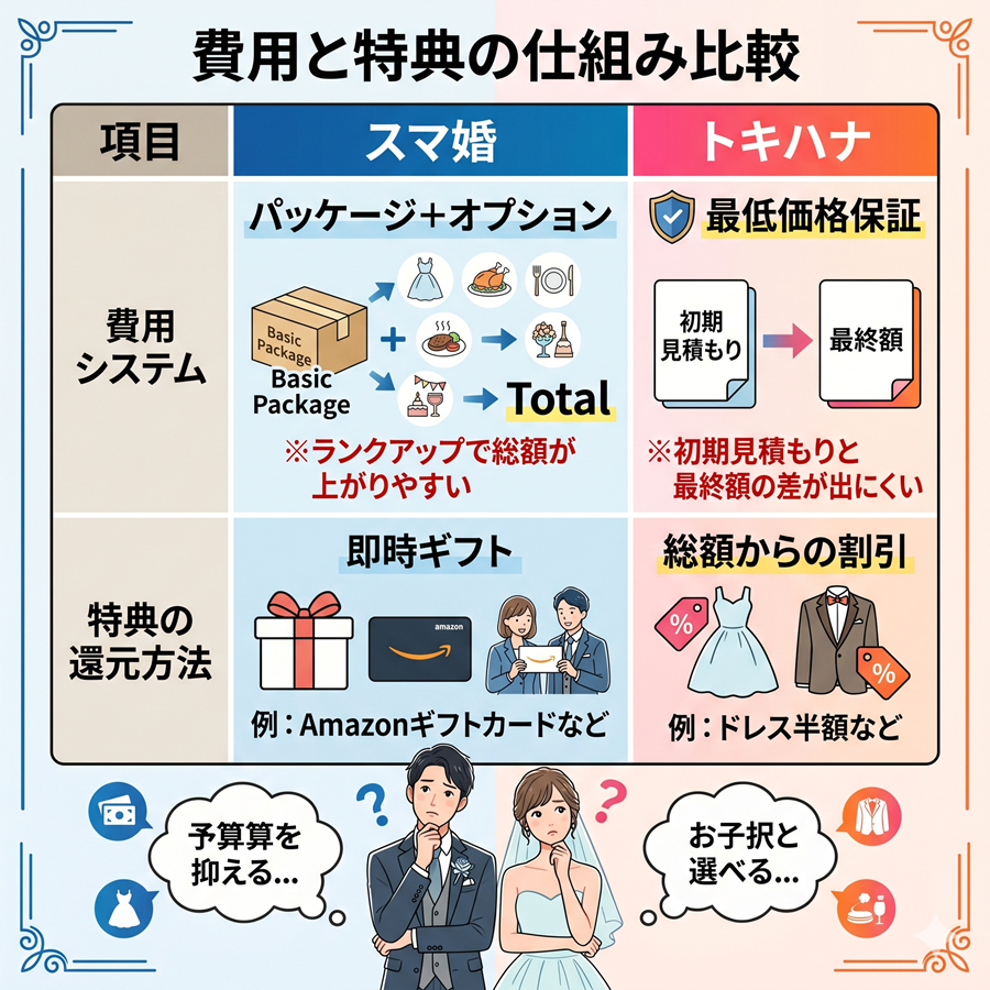 スマ婚とトキハナの費用と特典の仕組み比較表。パッケージ制と最低価格保証、ギフトと割引の違いを整理