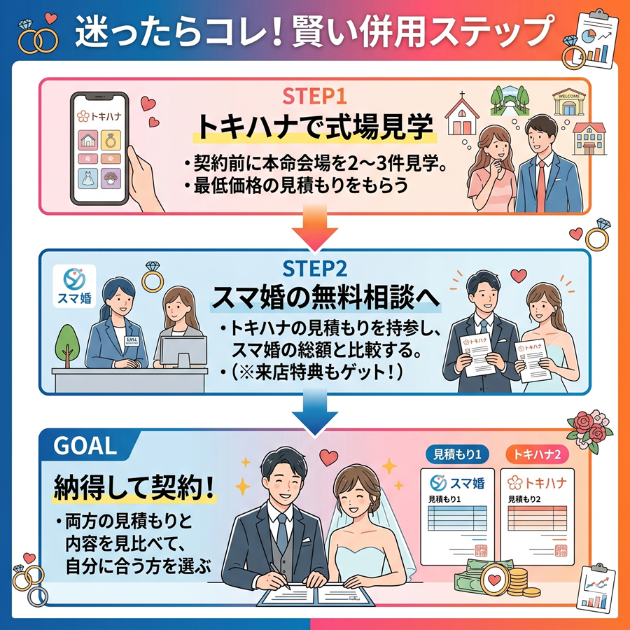 スマ婚とトキハナの賢い併用ステップを図解。トキハナで見学後、スマ婚で無料相談して比較する流れ
