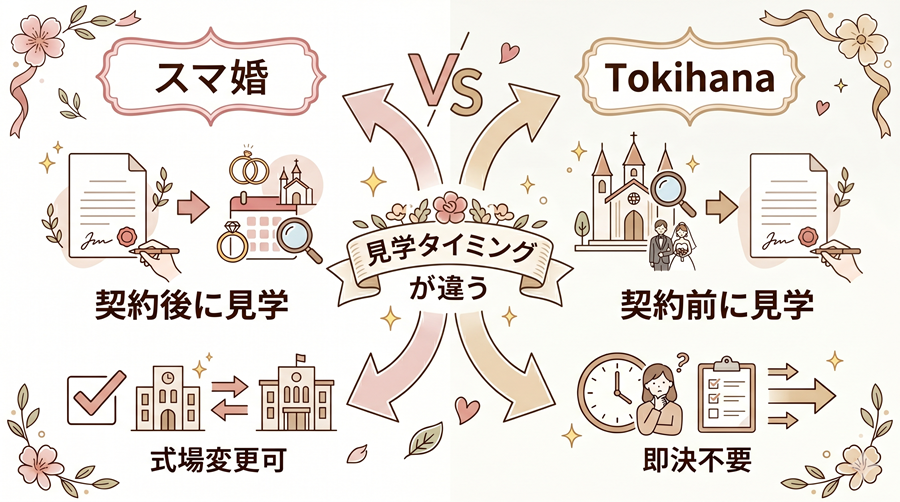 スマ婚とトキハナの式場見学タイミング比較。スマ婚は契約後見学、トキハナは契約前見学で即決不要